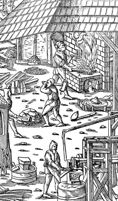 Raudan sulatus ja vasaratangot mekaanisella vasaralla, 1556 tekijältä Unbekannt