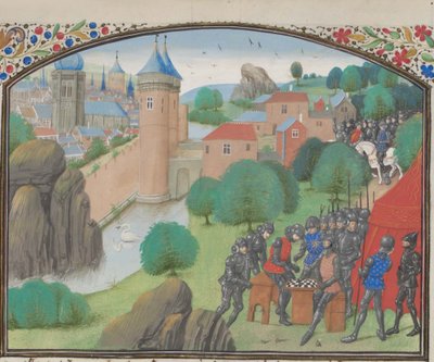 Sotilaat pelaavat noppaa Kesarean kaupungin edessä. Vilhelmin Tyroksen pienoismalli Historiasta, 1460-luku tekijältä Unbekannt