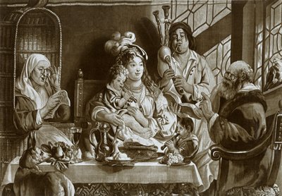 Sopraano nokkahuilut ja säkkipilli, Jacobus Jordaensin suunnittelema Brysselin gobelini, 1948 tekijältä Unbekannt