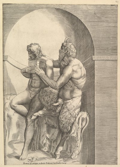Roomalaisen loiston peili: Pan opettaa nuorta Olympusta soittamaan huilua, n. 1540-80. tekijältä Unbekannt