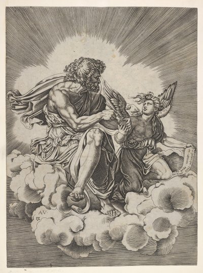 Pyhä Matteus istuu pilven päällä jalat ristissä ja upottaa sulkakynän mustesäiliöön..., vuoden 1518 jälkeen. tekijältä Unbekannt