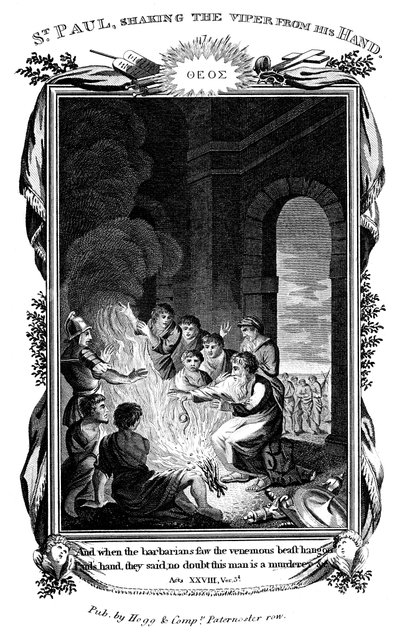 Pyhä apostoli Paavali pudistaa kyykäärmettä kädessään, 1808 tekijältä Unbekannt
