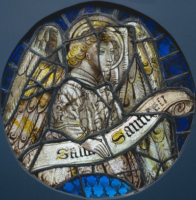 Lasimaalaus, jossa enkeli pitelee kirjakääröä, n. 1425-1450. tekijältä Unbekannt