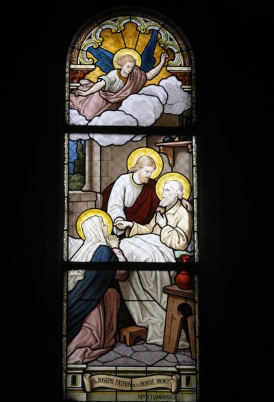 Lasimaalaus Notre Dame du Rosairen katolisessa kirkossa: Saint Joseph, kuoleman suojeluspyhimys, Saint-Ouen, Ranska tekijältä Unbekannt