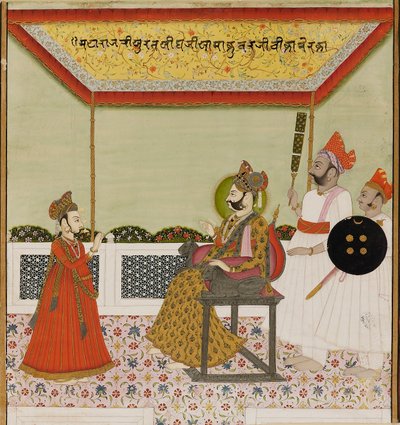 Surat Singh istuu leijonakätisellä valtaistuimella ja ottaa vastaan nuoren poikansa, c1800 tekijältä Unbekannt