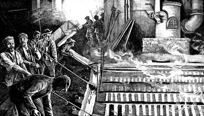 Masuunin koputtaminen ja raudan valuminen sioihin, c1900 tekijältä Unbekannt