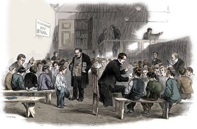 Opettaa poikia lukemaan Ragged School Union -koulussa, Lambeth, Lontoo, 1868 tekijältä Unbekannt