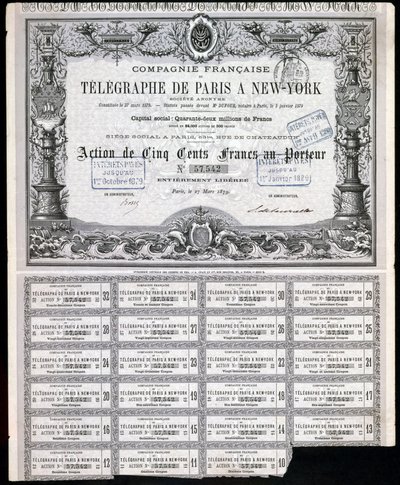 Telegraphy, General Paris-New York Telegraphin osaketodistus, 27. maaliskuuta 1879 tekijältä Unbekannt