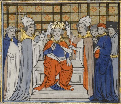 Ludvig IV:n voitelu ja kruunaus Laonissa, 19. kesäkuuta 936. Grandes Chroniques de Francesta, 15. tekijältä Unbekannt