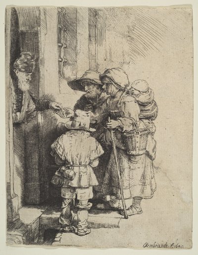 Blind Hurdy-Gurdy -pelaaja ja perhe vastaanottamassa almuja, 1648. tekijältä Unbekannt
