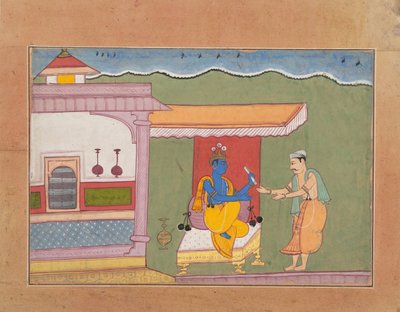 Brahmin toimittaa Rukminis-kirjeen Krishnalle...hajallaan olevasta Bhagavata Puranalta..., n. 1610. tekijältä Unbekannt