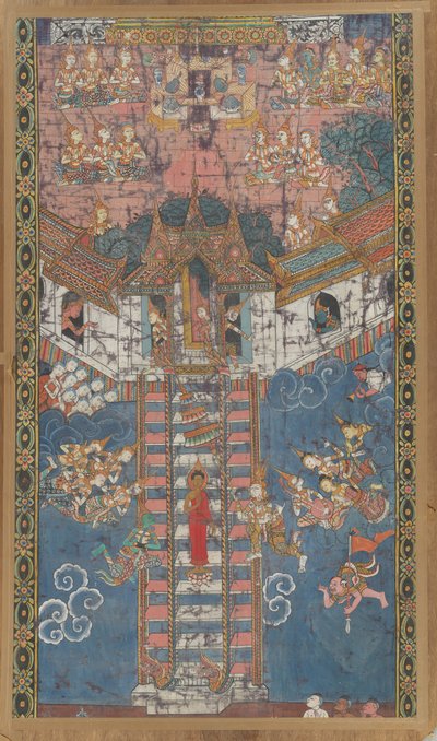 Buddha laskeutuu Trayatrimsan taivaasta Sankissassa, 1800-luku. tekijältä Unbekannt