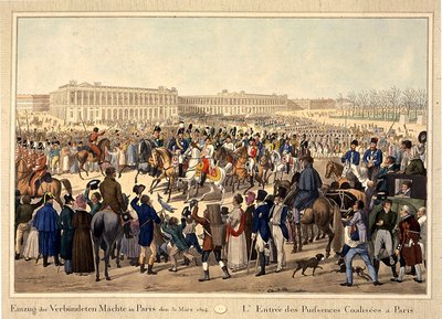 Koalition armeija saapuu Pariisiin 31. maaliskuuta 1814, 1800-luvun alussa. tekijältä Unbekannt