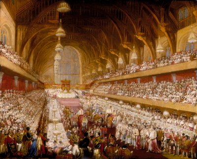 "Kuningas George IV:n kruunausjuhla Westminster Hallissa", 1821 tekijältä Unbekannt
