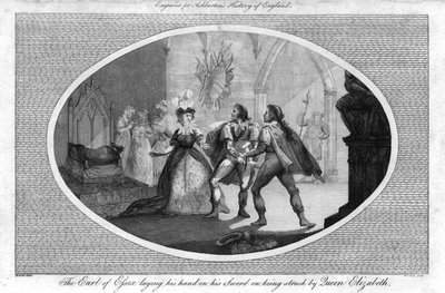 Essexin jaarli laskee kätensä miekkansa päälle, kun kuningatar Elisabet iski häneen., 1792 tekijältä Unbekannt
