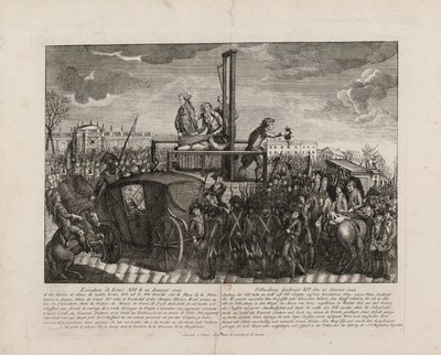 Ludvig XVI:n teloitus Place de la Revolutionilla 21. tammikuuta 1793, n. 1793. tekijältä Unbekannt