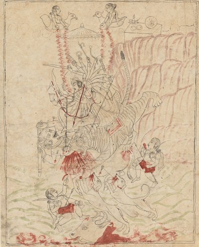 Jumalatar Durga tappaa Buffalo Demonin, Mahisha Mahishasur Mardini, Ka. 1760. tekijältä Unbekannt