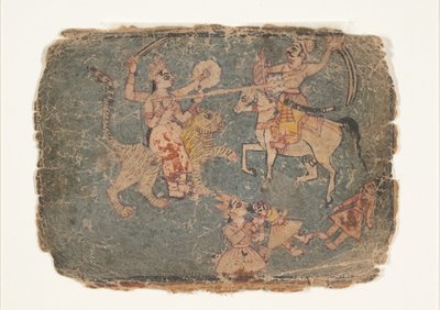 Jumalatar Durga surmaamassa vihollista, sivu hajallaan olevasta Markandeya Puranasta..., 1650-60. tekijältä Unbekannt