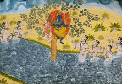 Gopit pyytävät Krishnaa palauttamaan vaatteensa, sivu Bhagavata Puranalta..., n. 1610. tekijältä Unbekannt