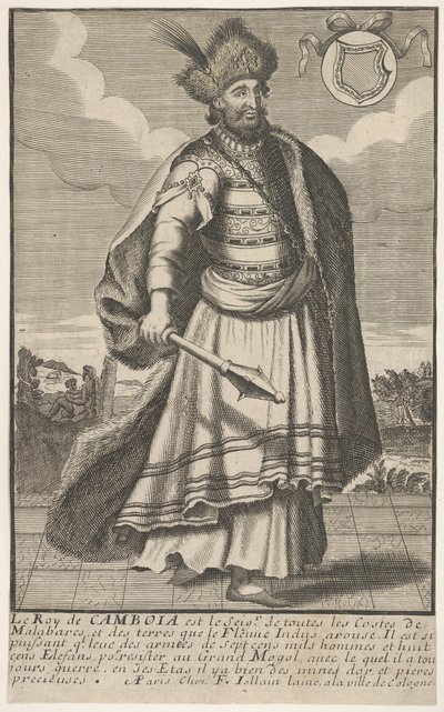 Kambodžan kuningas seisomassa valtikka oikeassa kädessään, n. 1670-1700. tekijältä Unbekannt