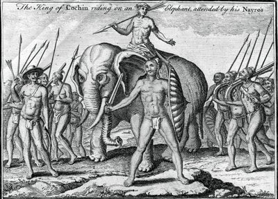 Cochinin kuningas ratsastaa norsulla, mukana hänen Nayros, n. 1745 tekijältä Unbekannt