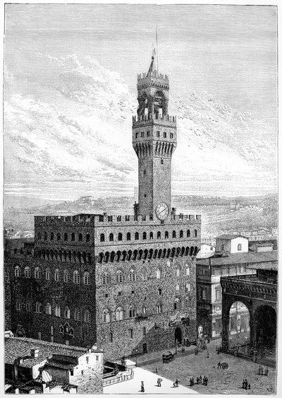 Piazza della Signoria, Palazzo Vecchio, Firenze, Italia, 1882 tekijältä Unbekannt