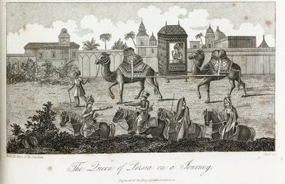 Kamelien kantama Persian kuningatar, n. 1810-1829 tekijältä Unbekannt