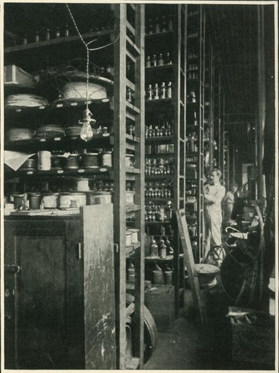 Edisons Laboratoryn hyllyt, joissa näytteitä kaikista tunnetuista aineista, 1902. tekijältä Unbekannt