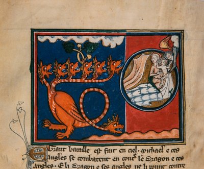 Nainen ja lohikäärme. Pienoiskuva: Apocalypse de saint Jean, noin 1320. tekijältä Unbekannt