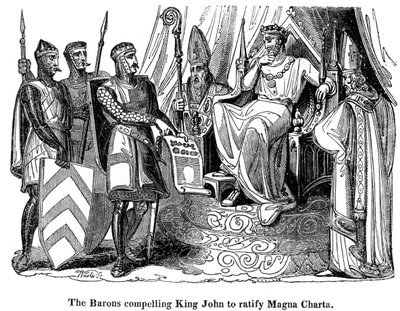 Paronit pakottivat kuningas Johanneksen 1167-1216 ratifioimaan vuoden 1215 Magna Cartan tekijältä Unbekannt