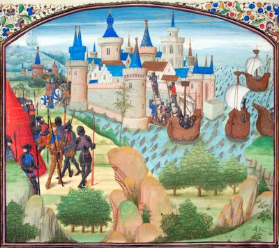 Konstantinopolin valloitus maalla ja merellä vuonna 1204. Pienoiskuva Historiasta, William Tyrolainen, 1460-luku tekijältä Unbekannt