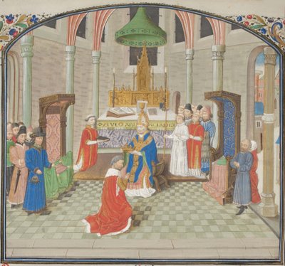 Baldwin I:n kruunaus joulupäivänä 1100. Pienoiskuva Historiasta, William of Tyre, 1460-luku tekijältä Unbekannt