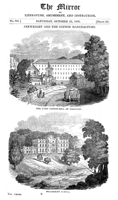 Ensimmäinen puuvillatehdas Cromfordissa, Derbyshiressä, ja Richard Arkwrightsin talo, 1836 tekijältä Unbekannt