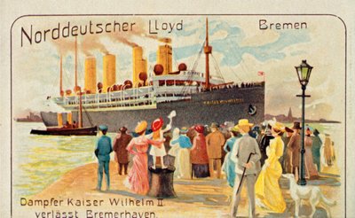 Jättiläinen SS Kaiser Wilhelm II vetäytyy pois laiturilta Bremerhavenissa, Saksassa, 1905. tekijältä Unbekannt