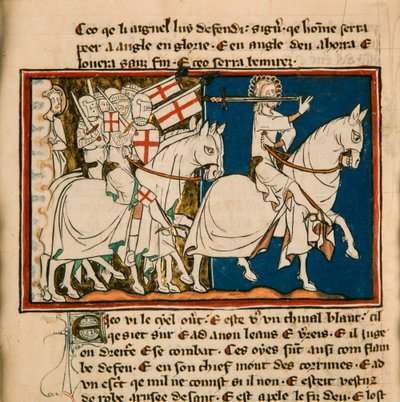 Suuri kuningas valkoisella hevosella. Pienoiskuva: Apocalypse de saint Jean, noin 1320. tekijältä Unbekannt