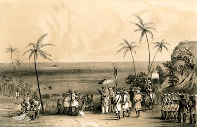 Calicutin kauppiaat takavarikoivat ja kahlittiin karuun kallioon Tippoo Saibin määräyksestä, 1847 tekijältä Unbekannt