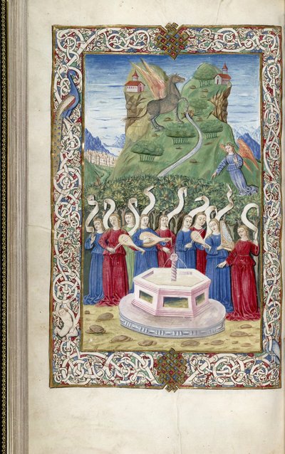 Guarinus Veronensisin Argumentumista yhdeksän muusaa Pegasuksen ja Mount Heliconin kanssa, 1485-1499 tekijältä Unbekannt
