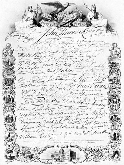 Allekirjoitukset Yhdysvaltain itsenäisyysjulistukselle, c1776, c1920 tekijältä Unbekannt