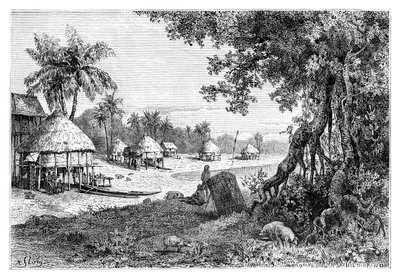 Sawin kylä, Car-Nicobar, Nicobar saaret, Intia, 1895 tekijältä Unbekannt