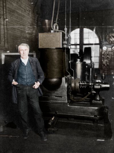 Thomas Alva Edison, amerikkalainen keksijä, ensimmäisellä sähkövalon tuotantodynamollaan, 1880-luku tekijältä Unbekannt