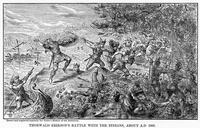 Thorwald Eriksonin taistelu intiaanien kanssa, noin 1003 jKr., 1877 tekijältä Unbekannt