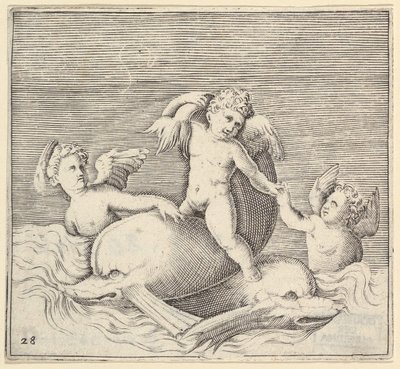 Three Cupids and Two Dolphins, julkaistu n. 1599-1622. tekijältä Unbekannt