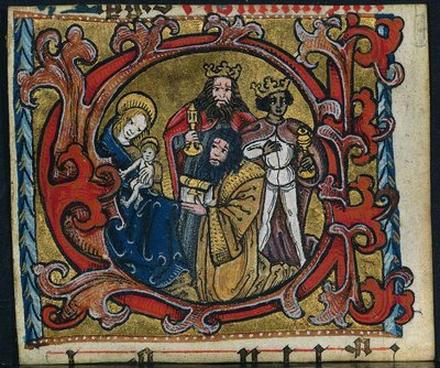 Kolme leikkausta missaalista: Alkukirjain C, tietäjien palvonta, n. 1470-1500. tekijältä Unbekannt