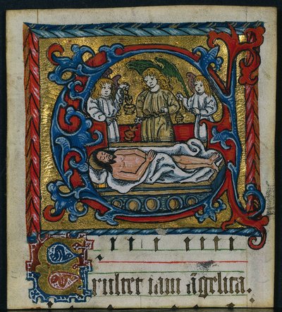 Kolme leikkaa Missalista: Alkukirjain E ja The Angels of the Tombment, n. 1470-1500. tekijältä Unbekannt