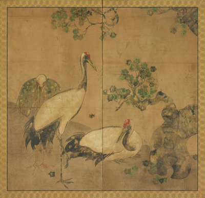 Kolme nosturia puun alla, Edo-kausi, 1615-1868. tekijältä Unbekannt
