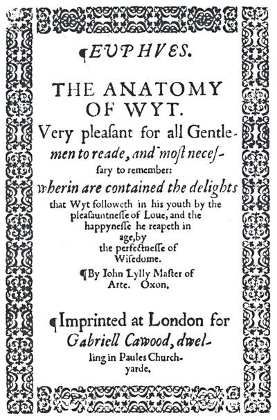 John Lylys Euphues or The Anatomy of Wit, ensimmäinen painos, 1579, 1942, nimisivu. tekijältä Unbekannt