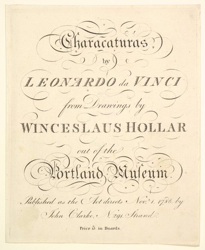 Nimisivu: Leonardo da Vincin Characaturas, Wincelslaus Hollarin piirustuksista, julkaisusta..., 1786. tekijältä Unbekannt