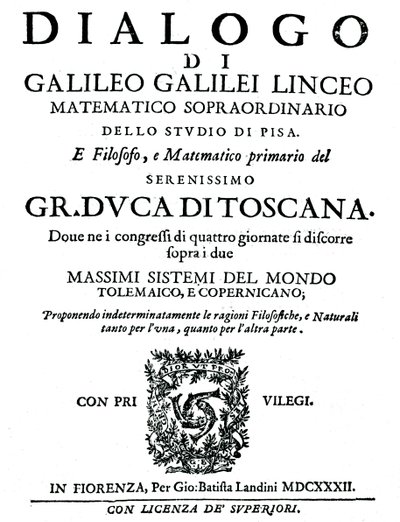 Dialogon otsikkosivu, kirjoittanut Galileo, 1632 tekijältä Unbekannt