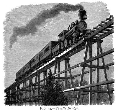 Juna ylittää puisen pukkisillan Union Pacific Railroadilla, Wyoming, USA, c1870 tekijältä Unbekannt