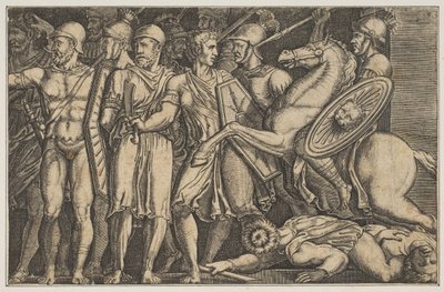 Trajanus taistelee daakia vastaan, Trajanus hevosen selässä oikealla ratsastamassa kohti ryhmää..., n. 1515-1600. tekijältä Unbekannt